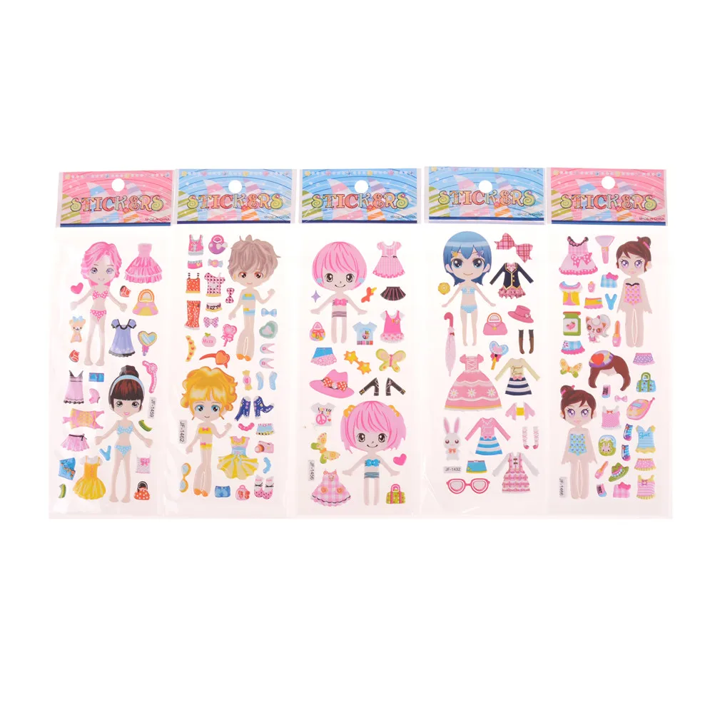 5 sheets Cartoon Beauty Dress Up Little Girl Loves PVC Stickers Lovely Kids Dress Up Stickers For girl toys gifts