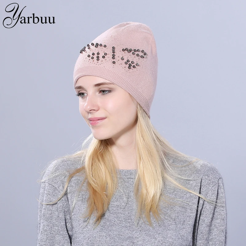 [YARBUU] real mink fur ball hat for women wool skullies beanies Butterfly nail beads solid Knitted Hat for girl Female ski cap