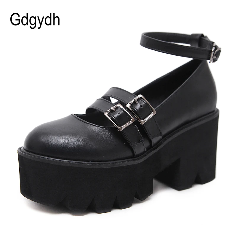 Gdgydh Womens Pump Gothic Shoes Ankle Strap High Chunky Heels Platform Punk Creepers Shoes Female Fashion Buckle Comfortable