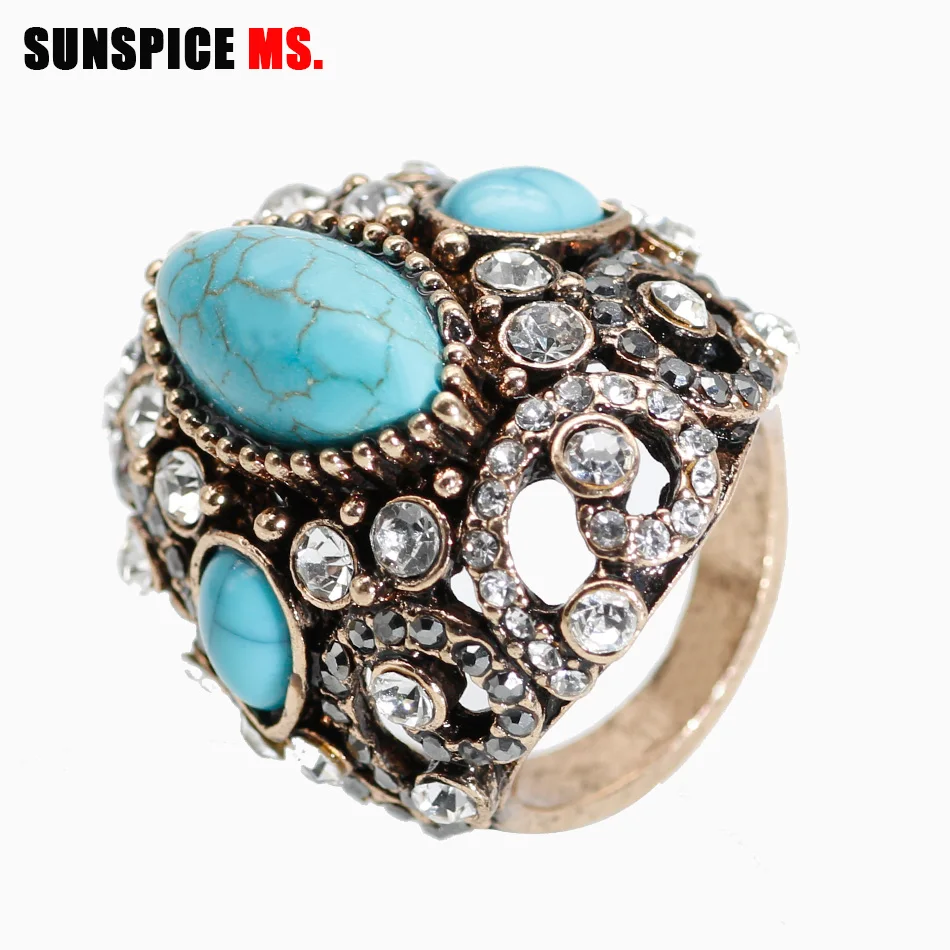 SUNSPICE ms Big Antique Rings For Women Blue Natural Stone Vintage Wedding Engagement Crystal Rings Jewelry Retro Gold Color New