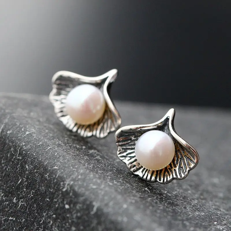 s925 Sterling Silver Earrings Handmade with Ginkgo natural pearl woman earrings