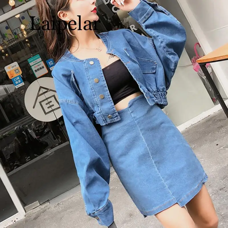 Laipelar women suits khaki blue jeans denim bomber jacket baseball mini pencil skirt solid two pieces set o neck for vivo x100 pro denim texture flip leather phone case khaki