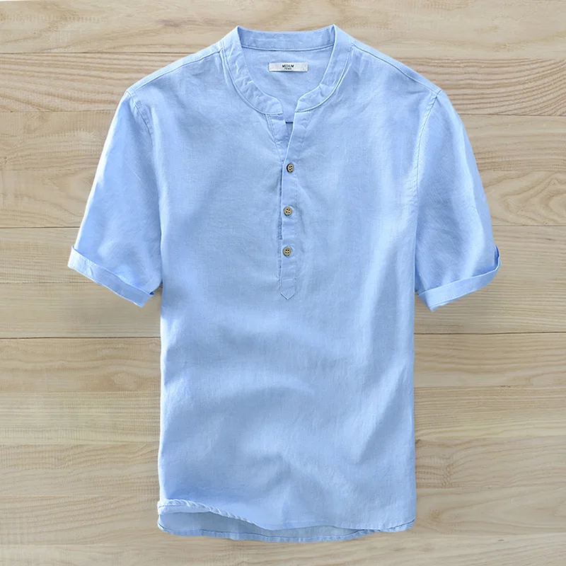 New pure linen short-sleeved shirt stand collar casual simple white shirt men brand vintage wooden buckle design camisa