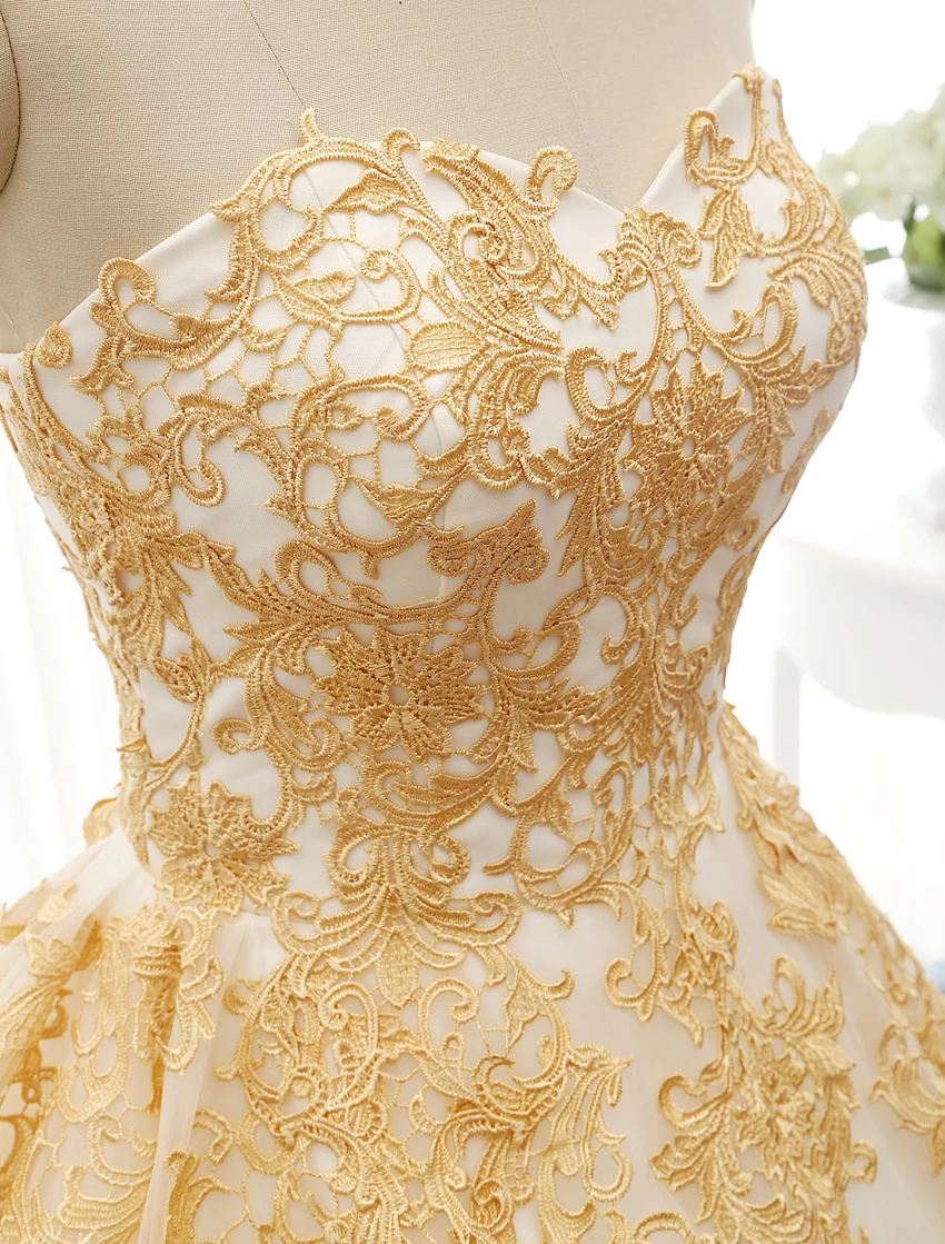 Brautkleid Ballkleid Reale Abbildungen Gold Appliques Liebsten Lace Sexy Hochzeitskleid 2018 Robe De Mariage