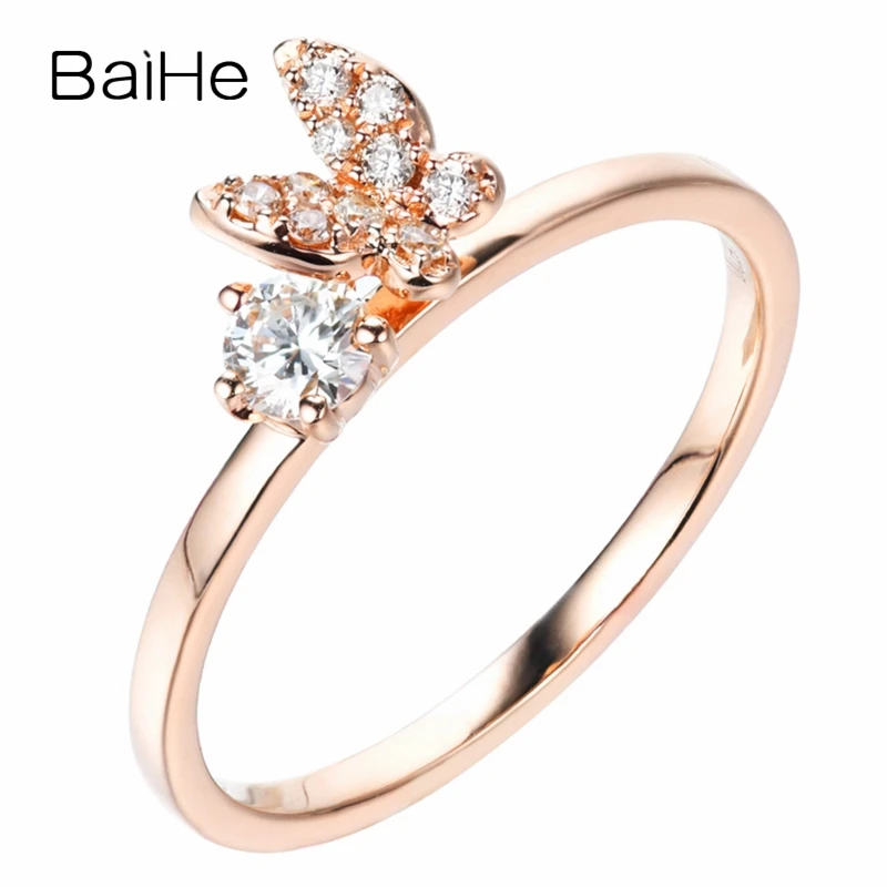 

BAIHE Solid 14K Rose Gold 0.24ct H/SI Natural Diamonds Engagement Women Trendy Fine Jewelry Simple butterfly diamond Ring