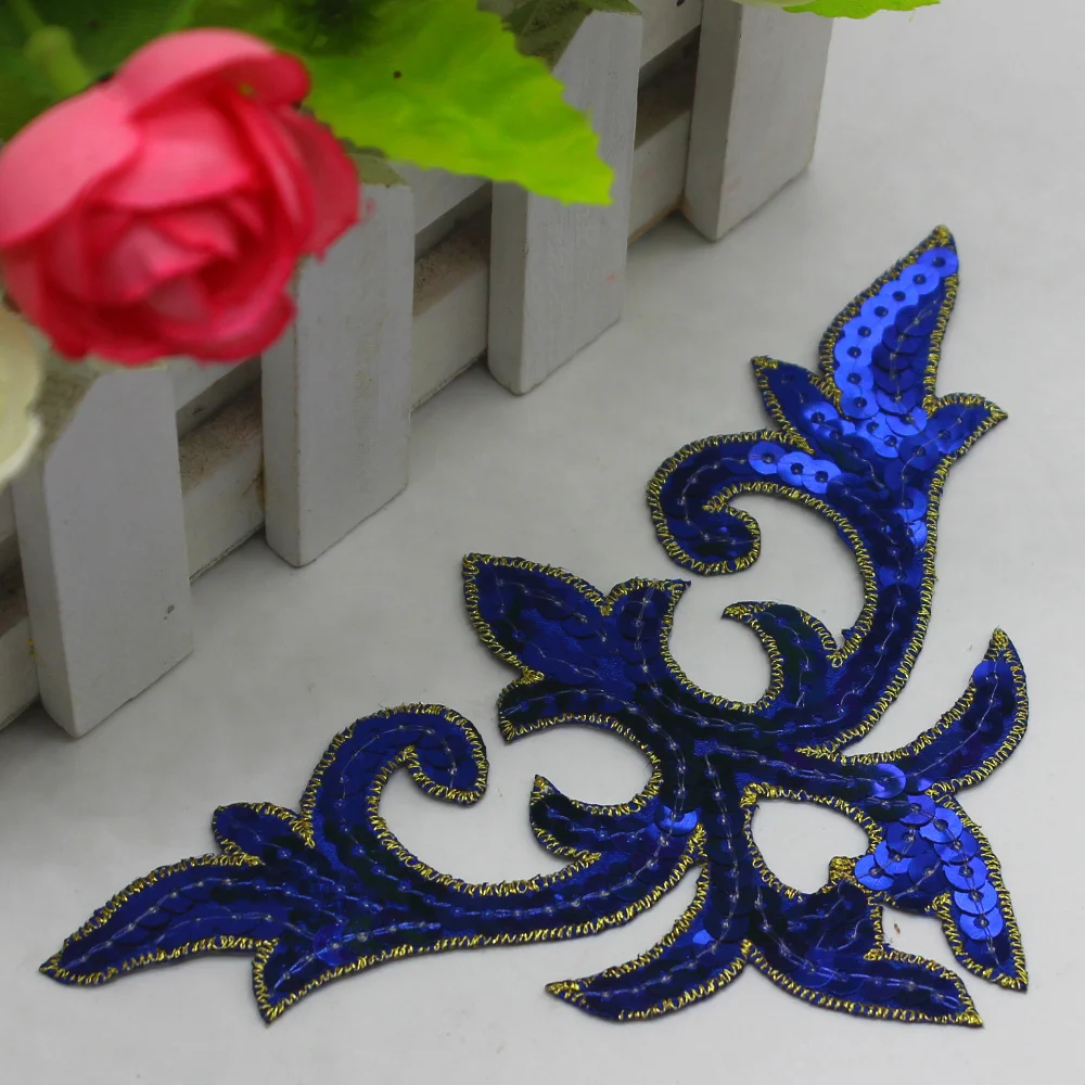 1 Piece Sequined Patches Iron on Cosplay Costumes For Dress Gold Embroidery Trims 16cm*9.5cm