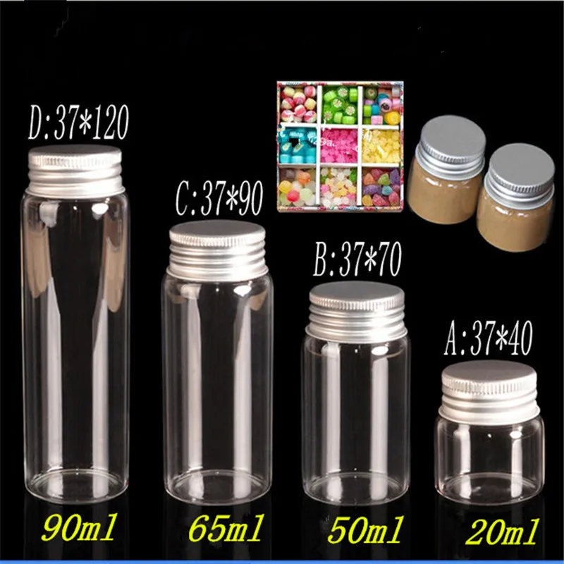 

20ml 50ml 65ml 90ml Glass Storage Bottles with Aluminium Cap Empty Gift Bottle Clear Jars Containers 24pcs Free Shipping