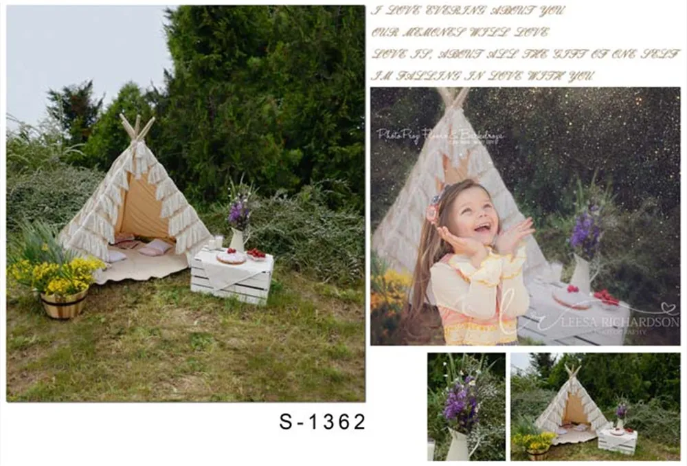 Outdoor Camping Kids Children Girl Photography Backdrops Printed White Tent Spring Flowers Nature Scenic Photo Shoot Backgrounds