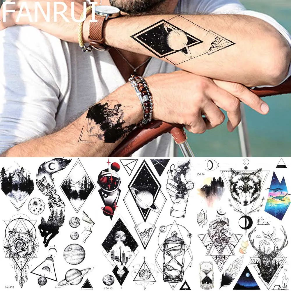 FANRUI Triangle Moon Men Arm Tattoo Stickers Women Beauty Black Temporay Tattoo Hands Deer Totem Planet Tatoos Waterproof