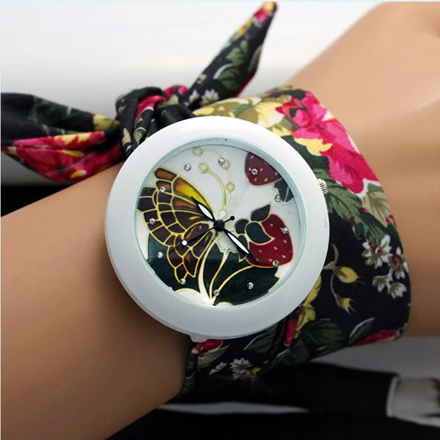 shsby new floral chiffon sweet girls watch Sweet chiffon fabric women dress watches fashion Ladies flower cloth wrist watch