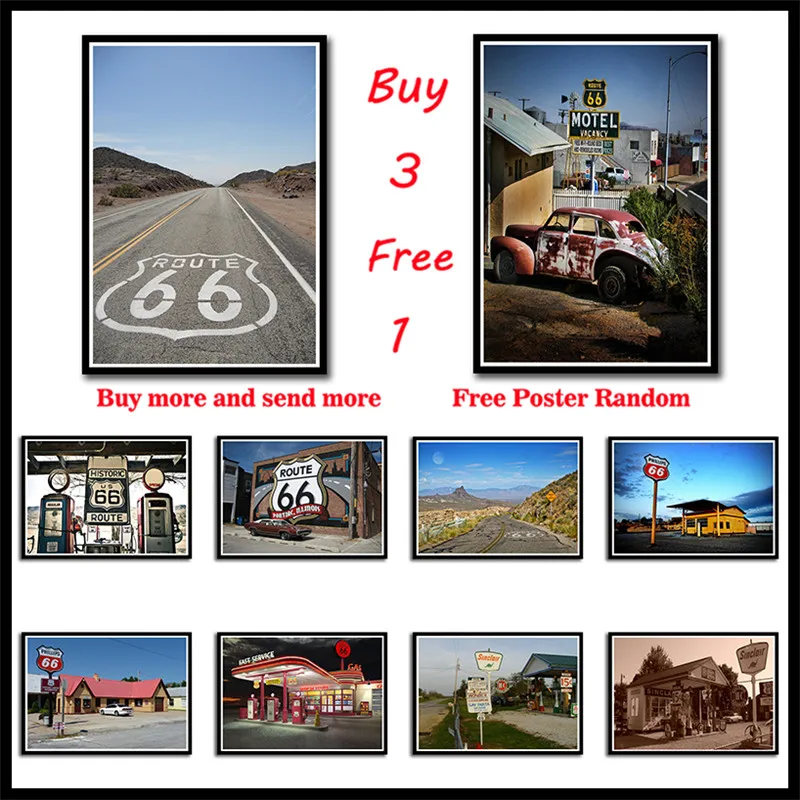 United States Route 66 Gas Station White Coated Paper Posters Bar Cafe Home Decor Painting Wall Sticker Frameless