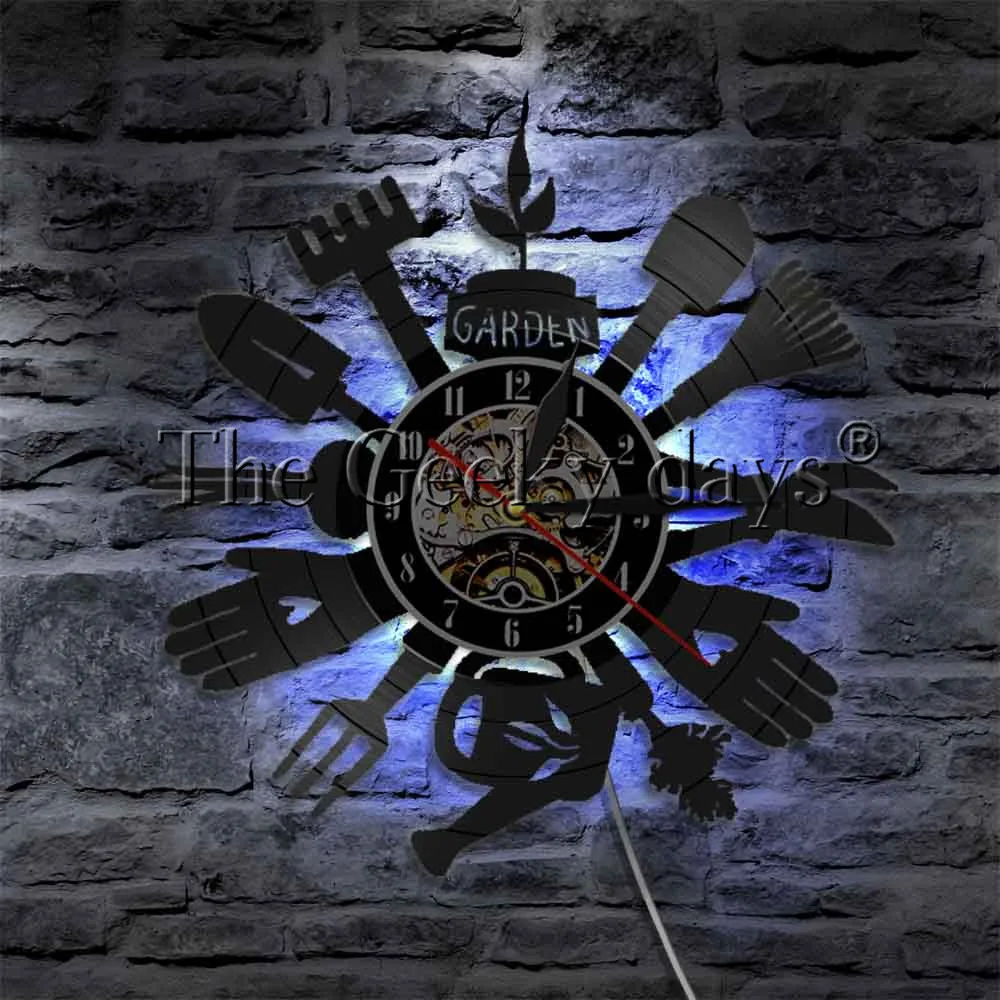 

Gardener Planting Tools LED Night Light Vinyl Record Wall Clock Garden Tools Home Decor Bedside Wall Lamp