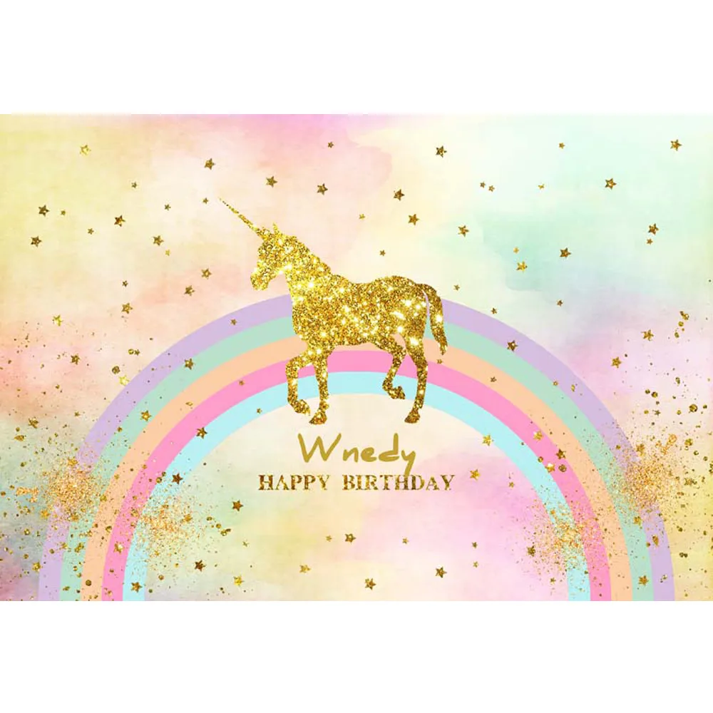 

Happy Birthday Gold Unicorn Photography Backdrop Printed Stars Rainbow Newborn Baby Kids Watercolor Party Photo Booth Background