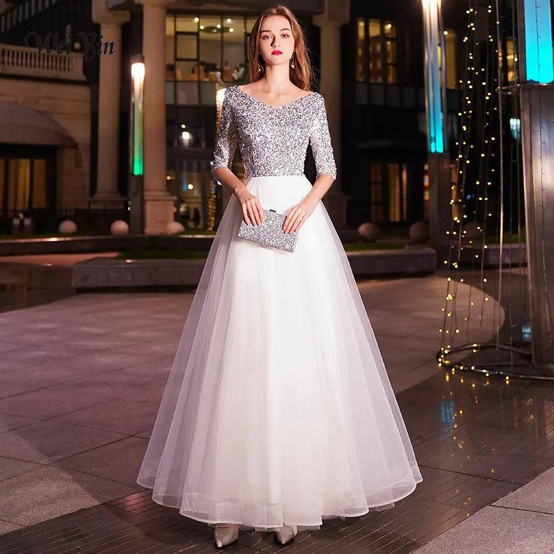 

weiyin White A-line Long Evening Dresses V-neck Half Sleeves Floor Length Sequined Evening Dress Formal Party Dress Prom Dress