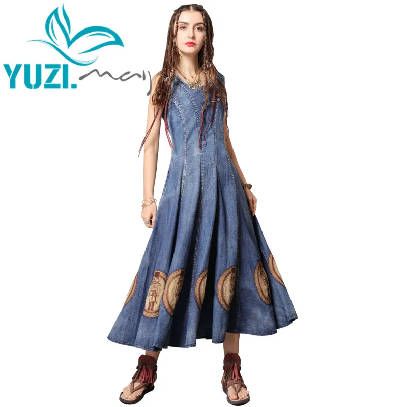 

Summer Dress 2019 Yuzi.may Boho New Denim Blue Women Dresses O-Neck Sleeveless Swing Hem Layered Vestidos A82153 Vestido