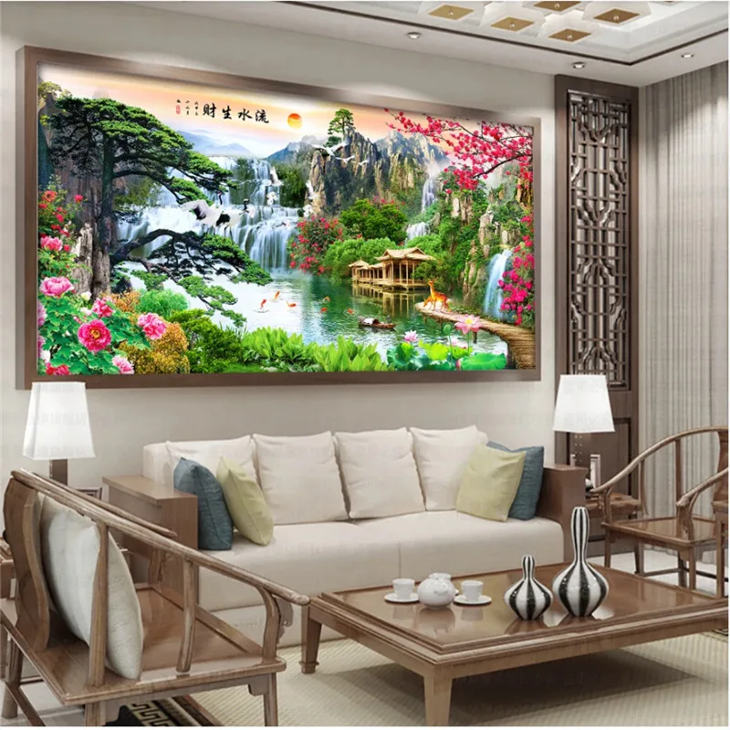 

Chinese Classic Landscape Painting Photo Wallpaper for Living Room Decor Flowing Water Brings Wealth Theme Mural Wall Paper 3D