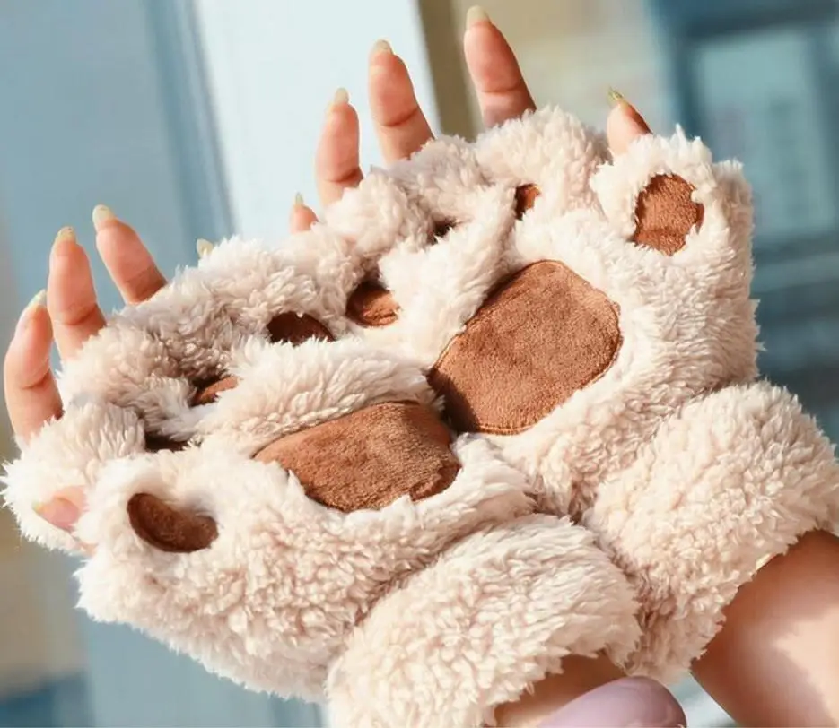 1000pair/lot Fluffy Bear/Cat Plush Paw/Claw Glove soft toweling lady's half covered gloves