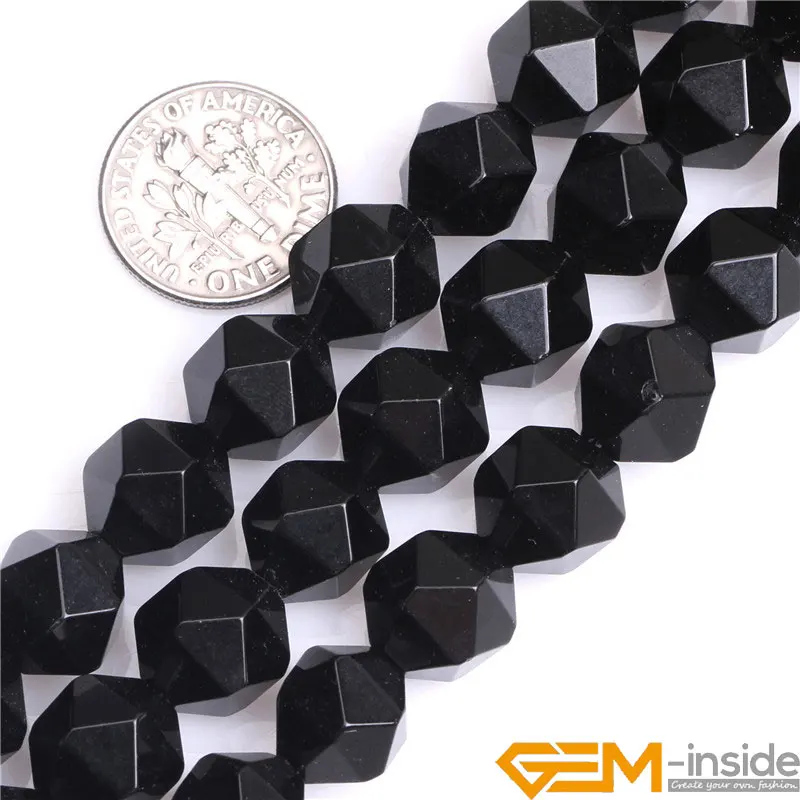 Natural Stone Black Agates Faceted Polygonal Beads For Jewelry Making Strand 15\