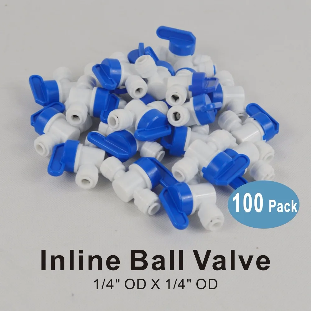 100 PACK OF 1/4-Inch OD Straight Inline Tap Ball Valve Quick Connector Fittings for Water Filters and RO Reverse Osmosis Systems