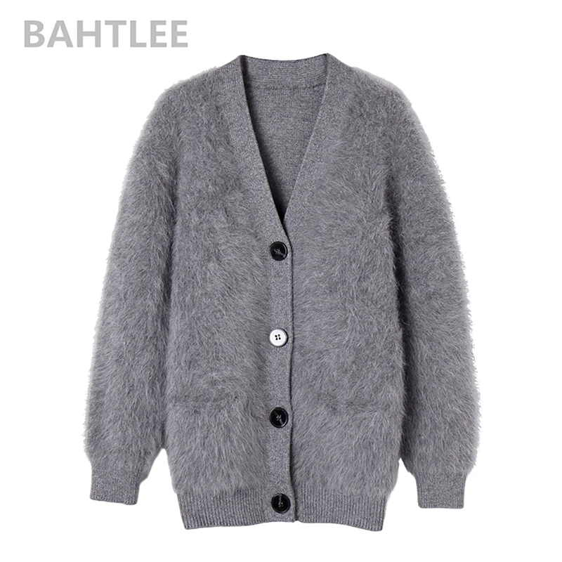 BAHTLEE-Women\'s Knitted Angora Cardigans, V-Neck Sweater, Button Pocket, Very Thick, Keep Warm, Loose Style, Winter