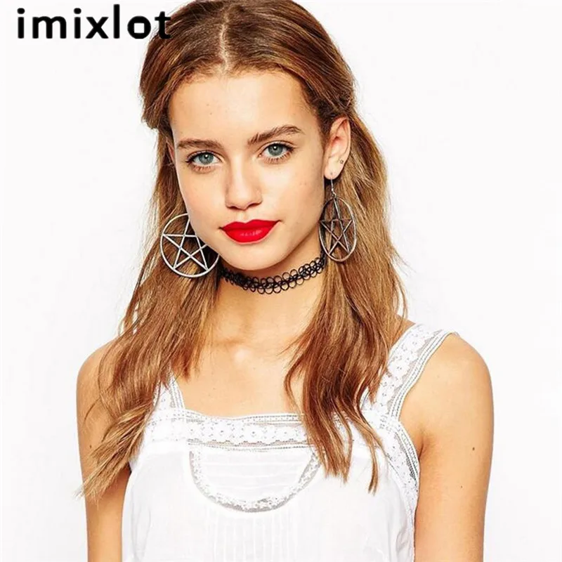 imixlot Big Round Pentagram Star Earrings Gothic Ear Hook Drop Earrings For Women Pendientes Fashion Jewelry