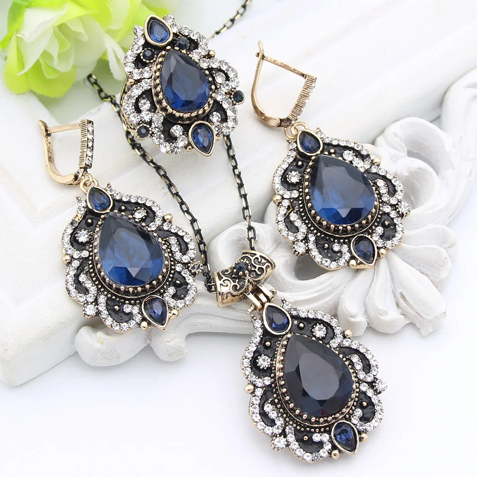 Exquisite Turkish  Women Flower Resin Jewelry Sets Hook Earring Antique Gold Color Vintage Ring Nigeria India Crystal Necklace