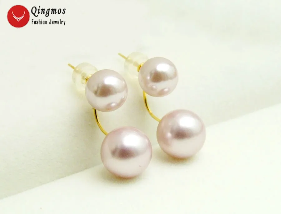 

Qingmos Purple 8-10mm Round Sea Shell Pearl Double Front Back Earrings for Women with Solid Gold Ear Stud Fine Jewelry ear696