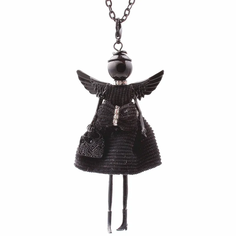 Winter Crystal Doll Wing Necklace Dress Handmade French Doll Pendant Sweater Chain Necklace 2017 News Girl Women Flower Jewelry