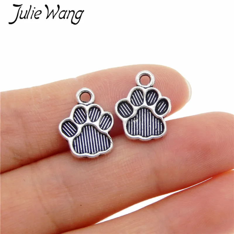 Julie Wang 50pcs Paw Charms Zinc Alloy Dog Cat Footprints Antique Silver Color Pendant Pet Animal Jewelry Making Accessory