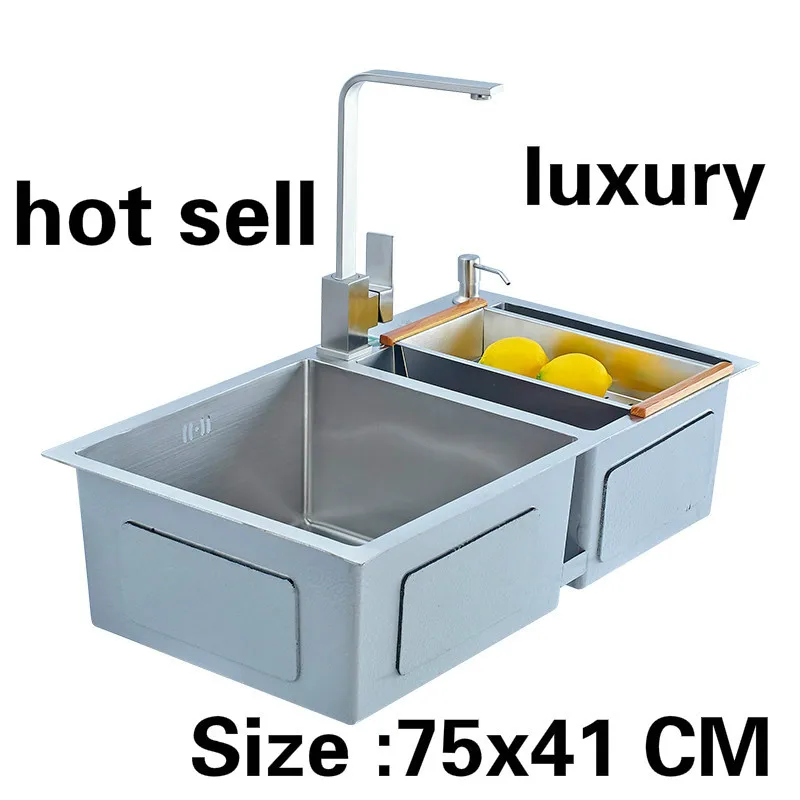 

Free shipping Apartment luxury kitchen manual sink double groove do the dishes food grade 304 stainless steel hot sell 75x41 CM