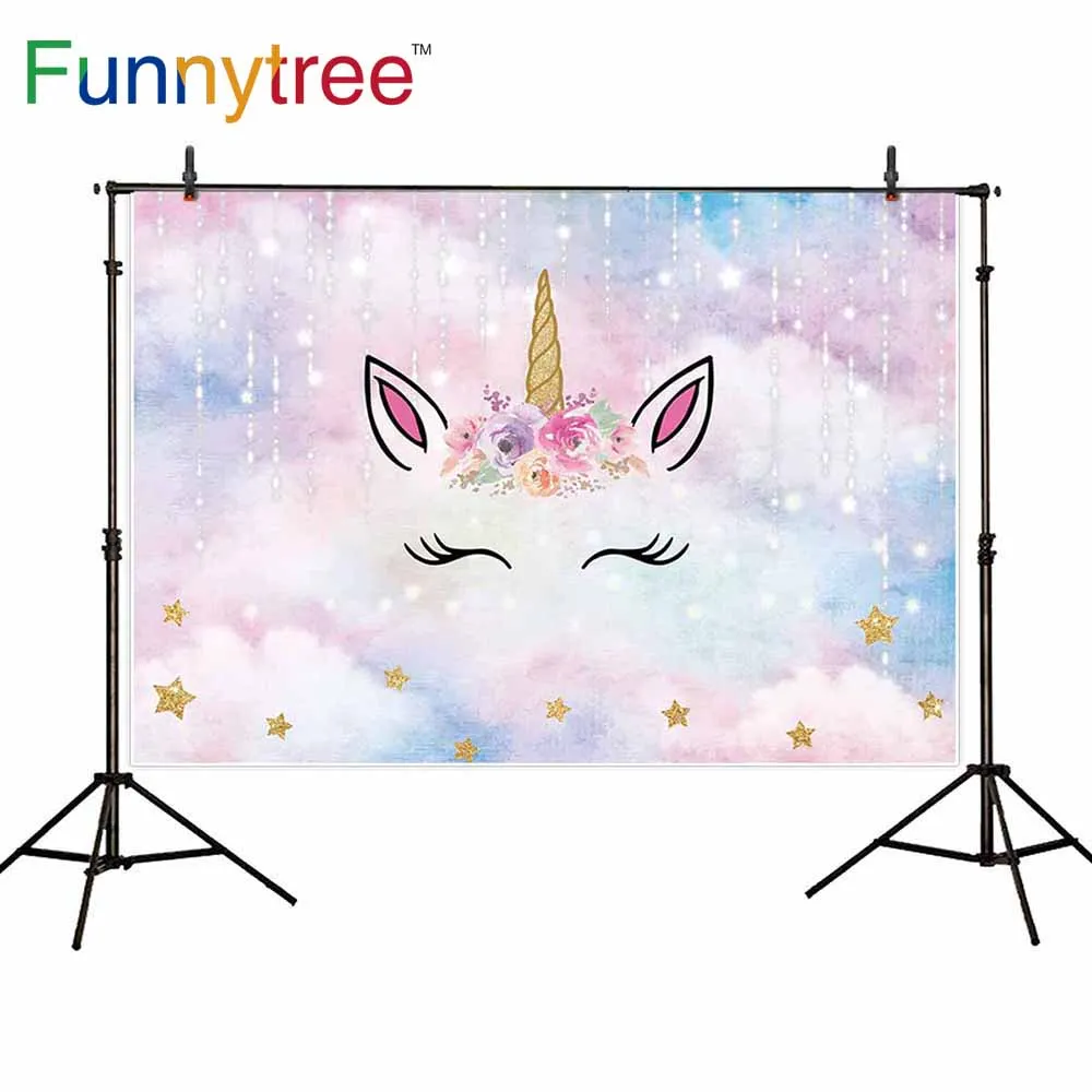 

Funnytree cute baby child birthday party golden stars dream color cloud Bright light unicorn backdrop photography background