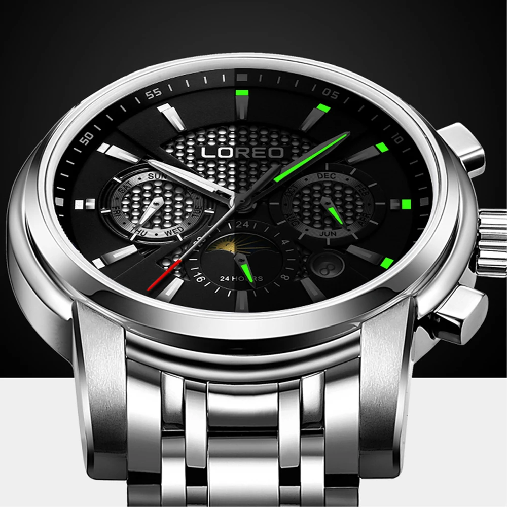 LOREO Men Watch Date Moon Phase Luminous Automatic Mechanical Watches Mens Steel Metal Strap 5ATM Waterproof Clock Reloj Hombre