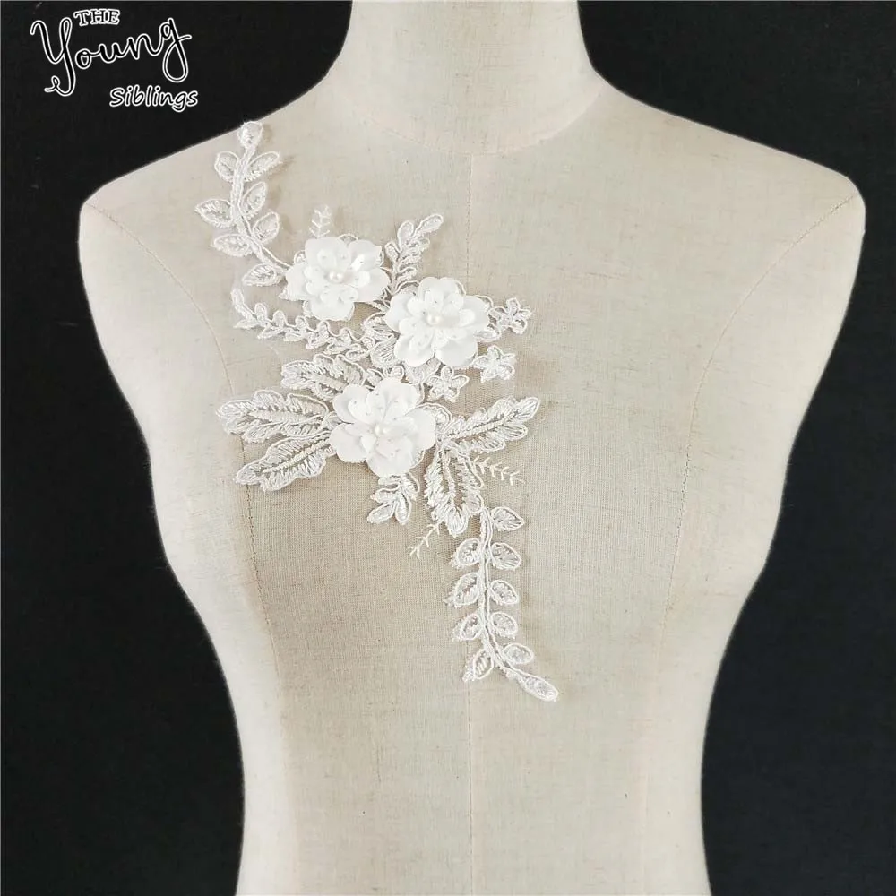 New White Embroidery Nail bead Flower Lace Neckline Fabric DIY Lace Collar Fabric Sewing Applique Apparel Dress Supplies Crafts