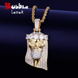 Bubble Letter Iced Religious Jesus Head Pendant Necklace Gold Color Bling Cubic Zircon Men's Hip Hop Jewelry For Gift