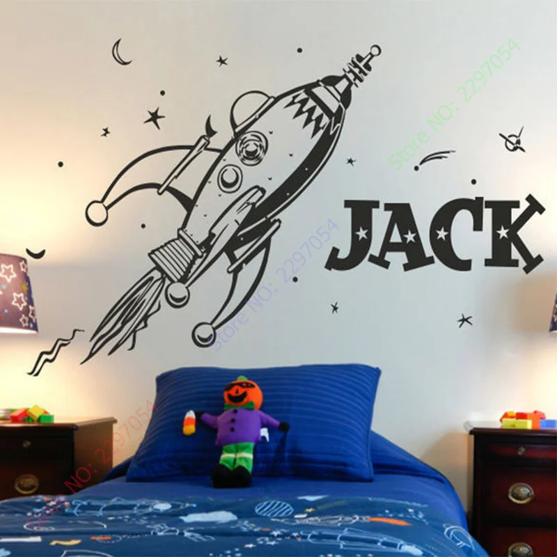 New Style ROCKET Wall Sticker Space Boys Bedroom Stickers Art Vinyl Personalise Kids Name Stars Decal