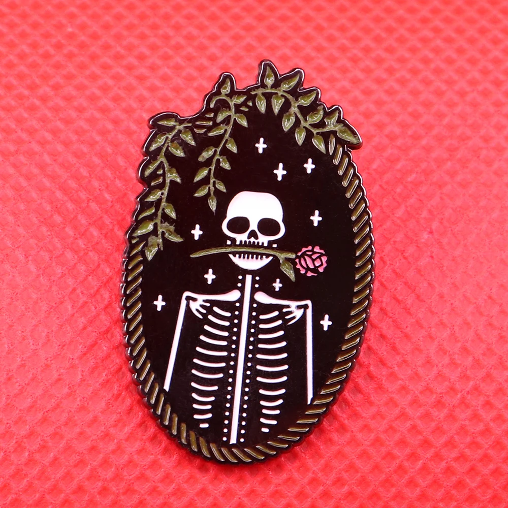 Skeleton and roses pin artist embroidery cameo brooch flowers spooky Halloween gift Day of the Dead gothic jewelry