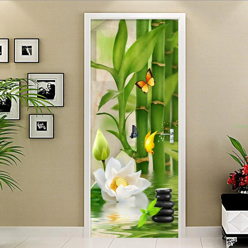 PVC Waterproof 3D Stereo Bamboo Door Sticker Wallpaper Living Room Study Background Wall Covering Mural Chinese Style Home Decor