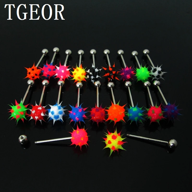 Hot wholesale free shipping 100pcs 14G Stainless Steel silicone spike koosh ball mixed colors piercing tongue ring