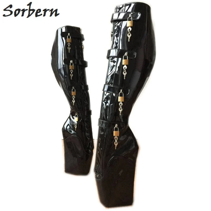 Sorbern Black Straps Wrapped Ballet Wedge Boots For Beginners Knee High Ladies Boots No Heel Boots For Women Ballet Heels Fetish