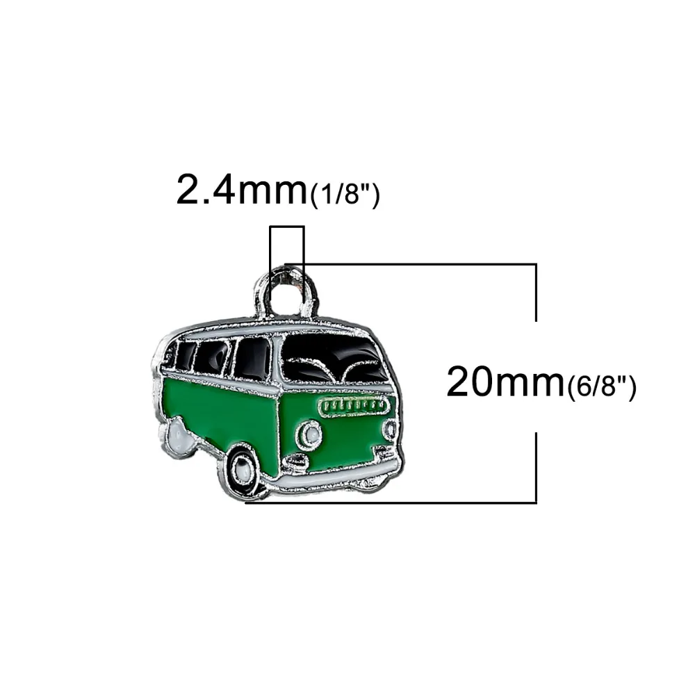 DoreenBeads Zinc Based Alloy Car Bus Charms For Jewelry Making Pendants Silver Color Black & Green Enamel 20mm x 18mm, 5 PCs