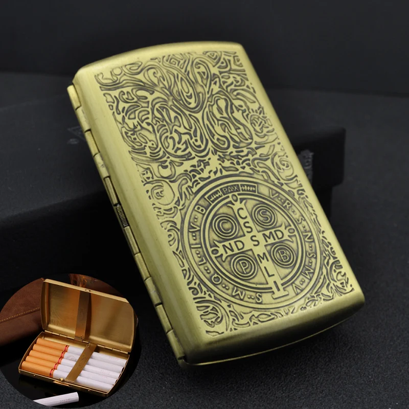 12 Cigarette )Unique Retro Metal Constantine Cigarette Case Bronze Cigarette Case Copper Carving Cigarette Box Smoker Men\'s Gift