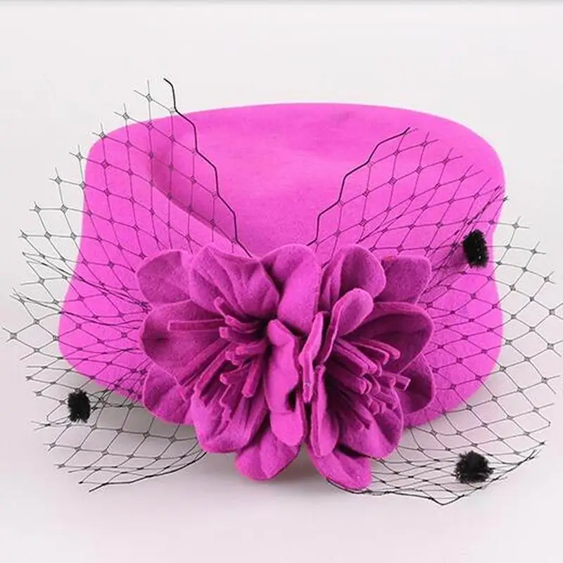 High Quality Lady Wool Fedoras Veil Flower Bowknot Hat Banquet Wedding Bride Vintage Hat For Women Church Classic Hat