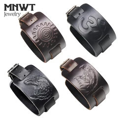 MNWT Charm Wide Leather Bracelet Black Brown Men Fashion Embossed Wolf/Eagle/Totem Wristband Bangle Punk Rock Style Jewelry