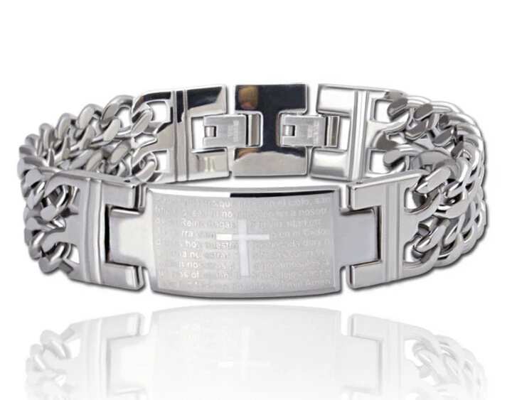 

Stainless Steel Cross bible ID Bracelet Cuban curb chain 18mm 8.26''
