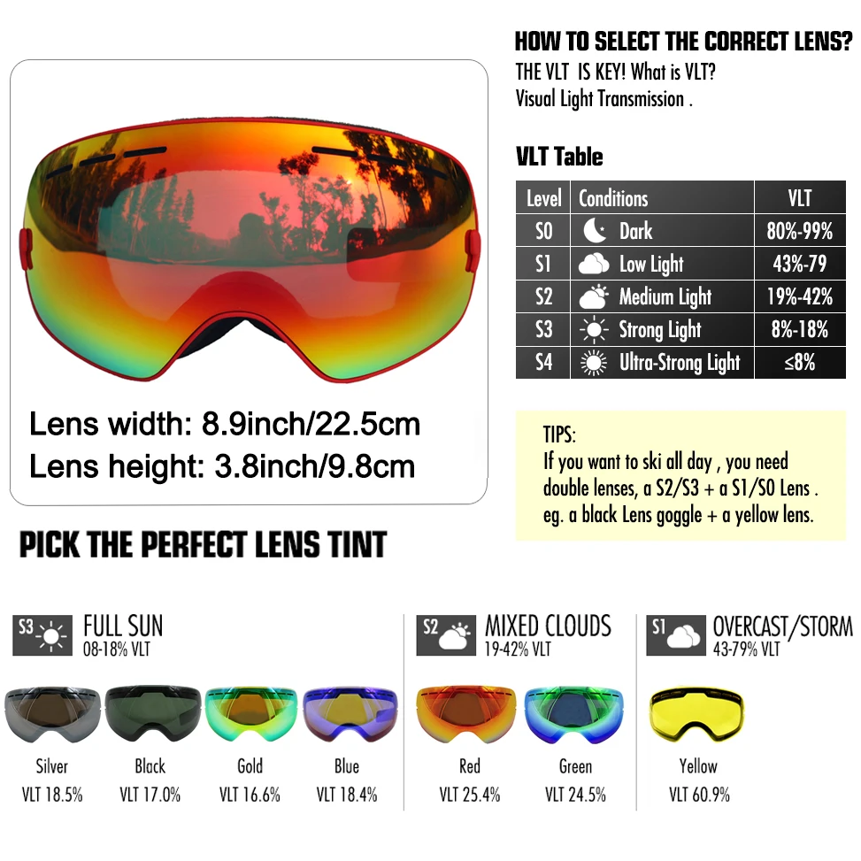 LOCLE Ski Goggles UV400 Anti-fog Ski Glasses Double Layers Snow Skiing Snowboard Goggles Ski Eyewear With Night Vision Lens