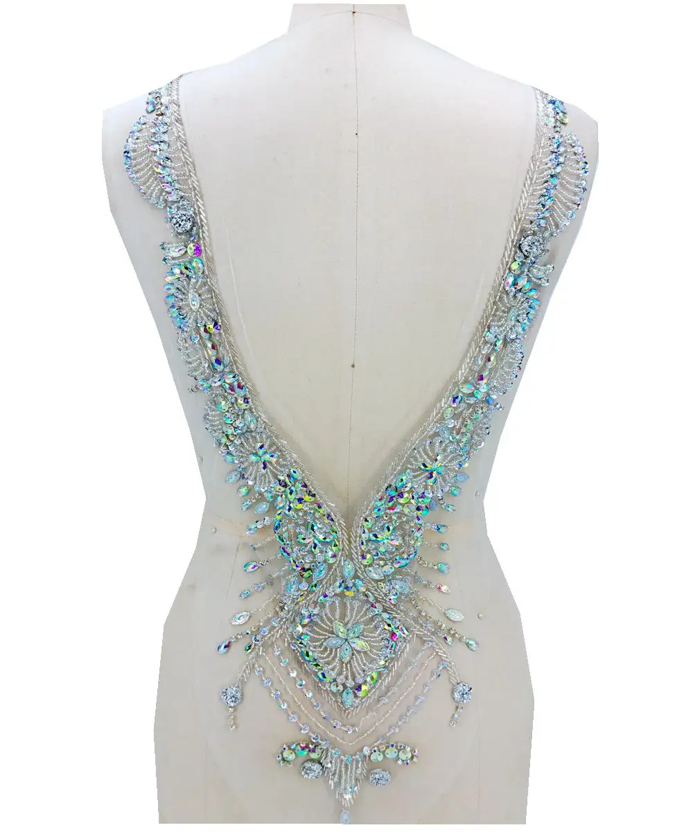 hand made clear AB colour sew on Rhinestones applique on mesh crystals patches 59*30cm DIY dress accessory