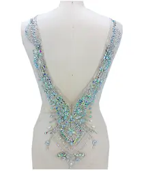 hand made clear AB colour sew on Rhinestones applique on mesh crystals patches 59*30cm DIY dress accessory