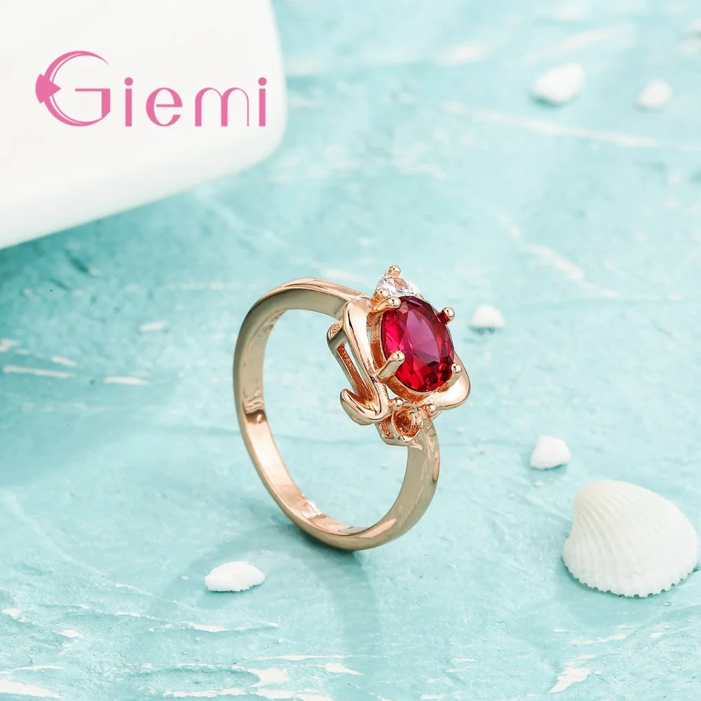 Modern Popular Rose Gold Color Finger Rings Hard Red Oval Shape Cubic Zirconia For Women Ladies Crystal Jewelry Present