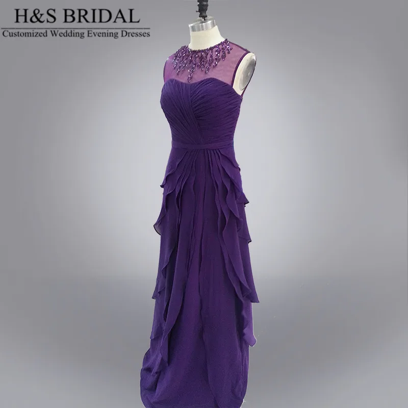 Real photo Formal Evening Gown Purple Neck Beaded Chiffon long evening gown