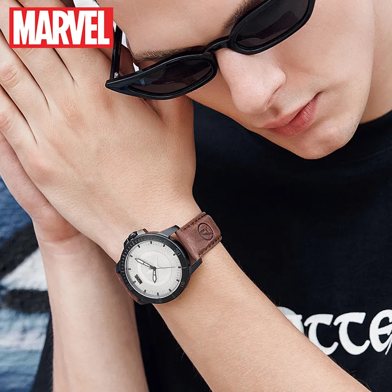マーベル-メンズアベンジャーズキャプテンアメリカシェルクォーツ時計、メンズラグジュアリーウォッチ、レザーストラップ、トップブランド、新しい、M-9025
